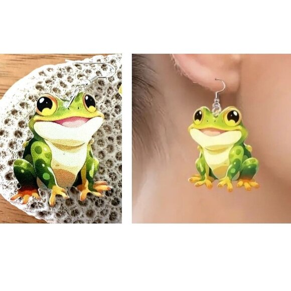 Frog Earrings New Dangle Hooks Green Double Sided Horny Toad Jeremiah Bu… - Picture 3 of 12